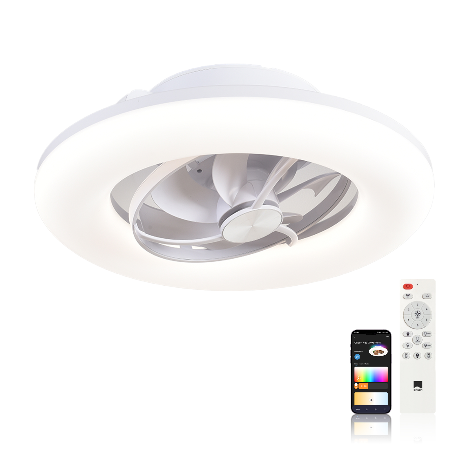 Smart Bathroom Fan - オリソン 22インチ 360 ° ライト付き振動式シーリングファン、回転式薄型フラッシュマウントシーリングファン、スマートRGBシーリングファン、Alexa&Google対応、調光可能なLED、APP/リモコン、寝室用モダンシーリングファン