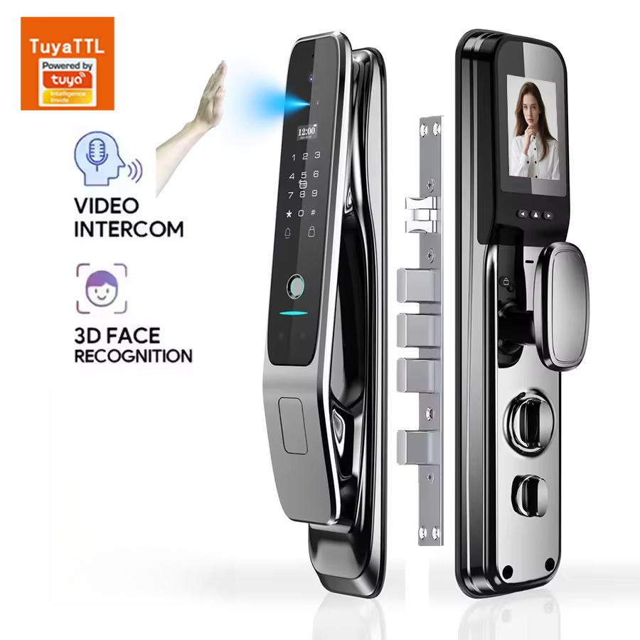 Smart Door Lock - Tuya全自動スマートドアロック、3D顔認証と指紋認証によるセキュリティ機能搭載、アルミ＆木製ドア対応、Wi-Fi接続