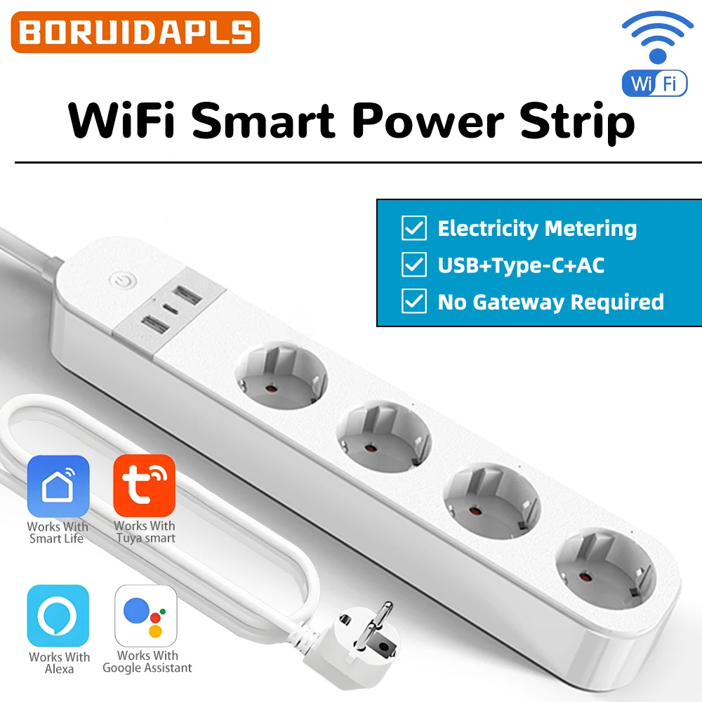 Smart Power Strip - BORUIDAPLS EUプラグ WiFiスマート電源タップ USBとType-Cポート搭載 Alexa/Google Home対応