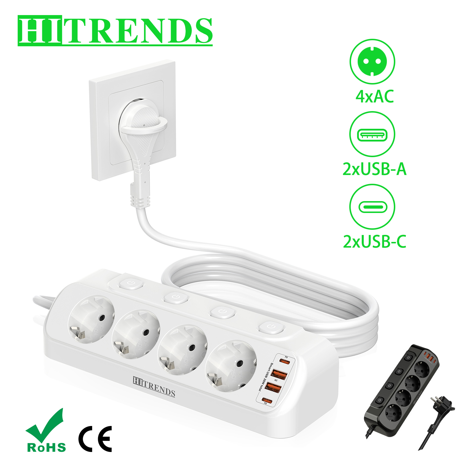 ヨーロッパのデスクトップ電源タップ,2つのUSB A, 2つ - Smart Power Strip のレビューと価格
