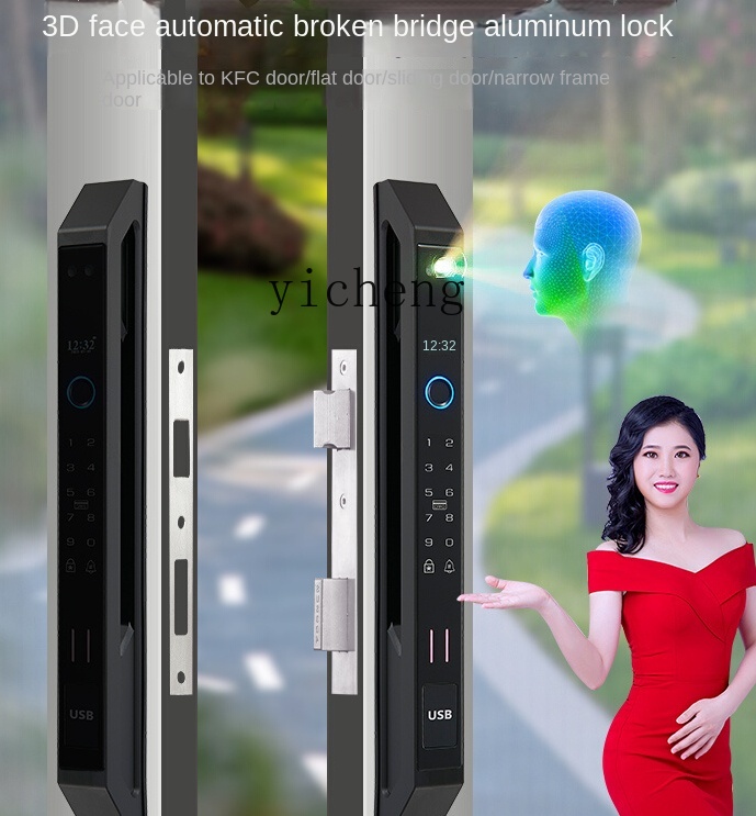 cc29自動遮断式アルミ指紋認証ロック3D顔認証水平移動スラ - Smart Door Lock のレビューと価格